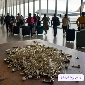 A table covered with many safety pins, with an airport terminal and planes visible in the background.