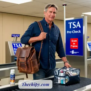 A traveler holding a travel-sized shaving cream canister next to a clear quart-sized bag at an airport security checkpoint, with TSA signs in the background.