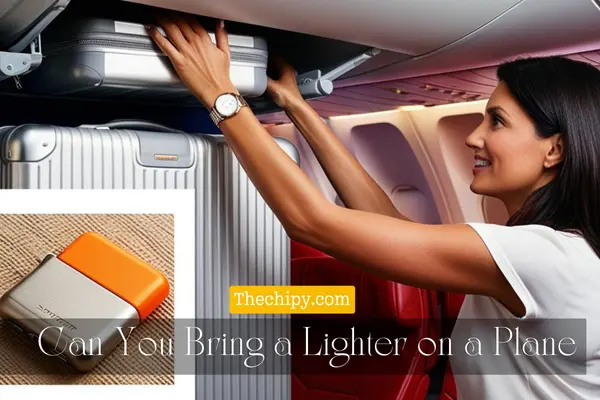 A woman with dark hair and a watch is reaching up to place a silver suitcase in the overhead compartment of an airplane. The background shows the interior of the plane, with red seating and soft lighting. In the lower corner, there is an image of an orange and silver lighter on a textured surface.