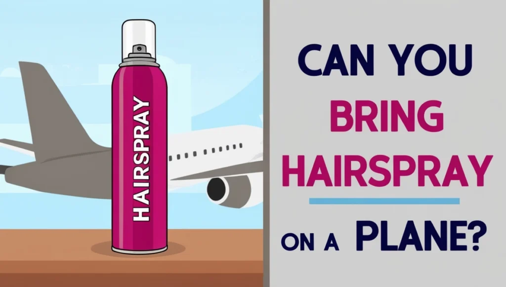 A 3D illustration of a hairspray can placed on a table. On the other side of the table, the text 'Can you bring hairspray on a plane?' is prominently displayed. The background includes subtle travel-related elements like an airplane silhouette or airport scenery to enhance context."