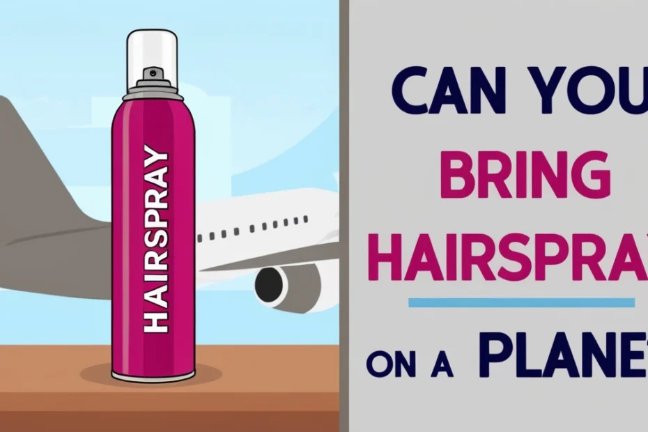 A 3D illustration of a hairspray can placed on a table. On the other side of the table, the text 'Can you bring hairspray on a plane?' is prominently displayed. The background includes subtle travel-related elements like an airplane silhouette or airport scenery to enhance context."