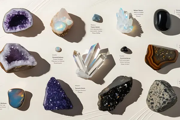 Image displaying various types of crystals and rocks on a clean, neutral background. Include labels or descriptions for each type.