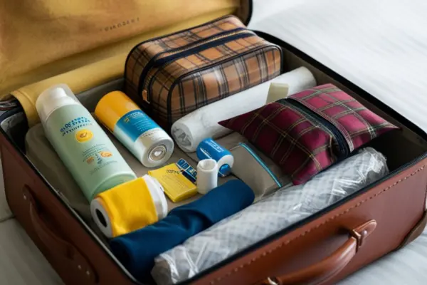 A close-up of a traveler's suitcase being packed with various items, including spray sunscreen and toiletries, showing how to properly pack aerosol cans for a flight.