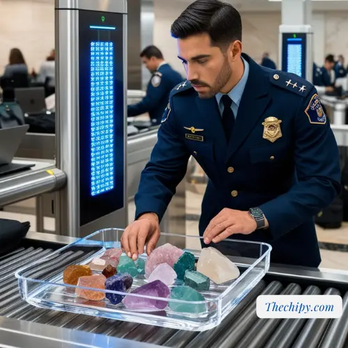 Image of a TSA security checkpoint with a clear tray containing rocks and crystals being inspected by security personnel. Emphasize a transparent container and the security scanner.