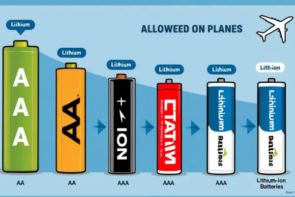 A graphic comparing different types of batteries allowed on planes, including AA, AAA, and lithium-ion batteries. Show these batteries in a clear and visually appealing manner, with a label indicating their safe travel status.