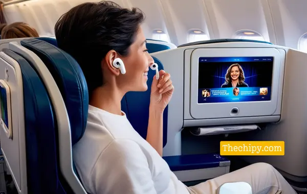 The person is using AirPods while watching an LCD screen mounted in front of them. The LCD screen displays in-flight entertainment such as a movie or TV show. The AirPods should be prominently visible, and the airplane interior should be modern and clean. Include details like other passengers and the airplane's cabin to set the scene