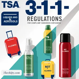 A graphic illustration of TSA regulations, highlighting the 3-1-1 rule for liquids and aerosols with visual examples of compliant and non-compliant spray sunscreen containers.
