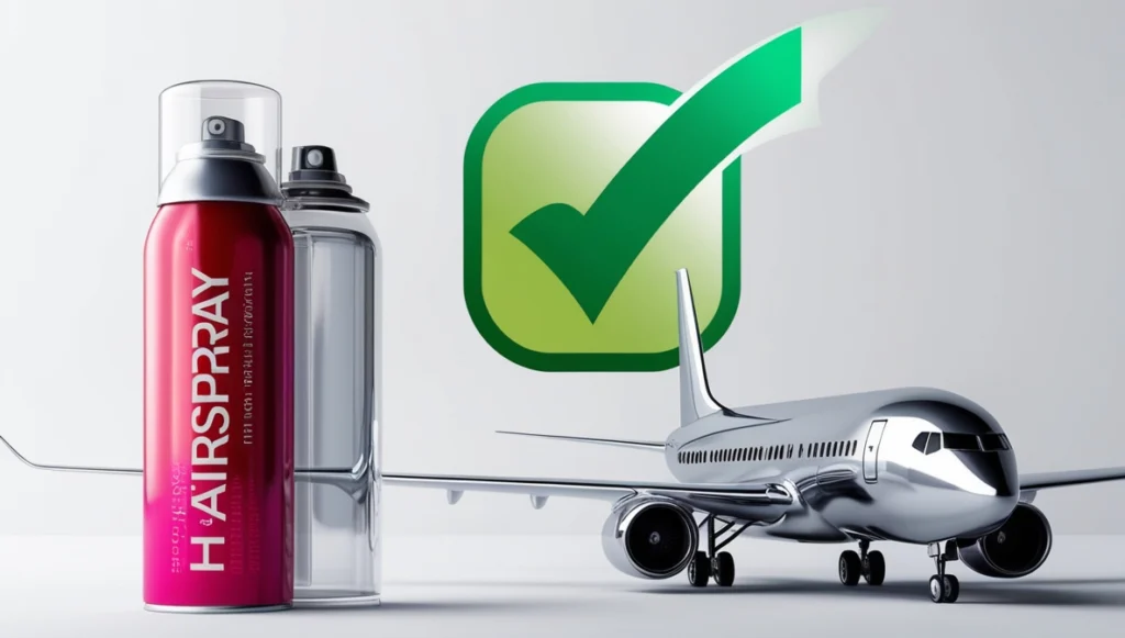 A highly detailed, photorealistic 3D illustration of a metallic hairspray can with a transparent overlay, revealing the pressurized contents and nozzle, placed adjacent to a sleek, silver airplane silhouette set against a clean, white background, with a bold, bright green checkmark emblazoned above the can, indicating that it is permitted in carry-on luggage, the checkmark's shape is rounded and stylized, with a subtle gradient effect giving it a sense of depth and dimensionality, the hairspray can's label is a bright, poppy red with modern, sans-serif typography, the airplane's outline is smooth and curved, with a slight metallic sheen, and the entire composition is lit from above with soft, natural lighting, casting minimal shadows and accentuating the textures and contours of the subjects.